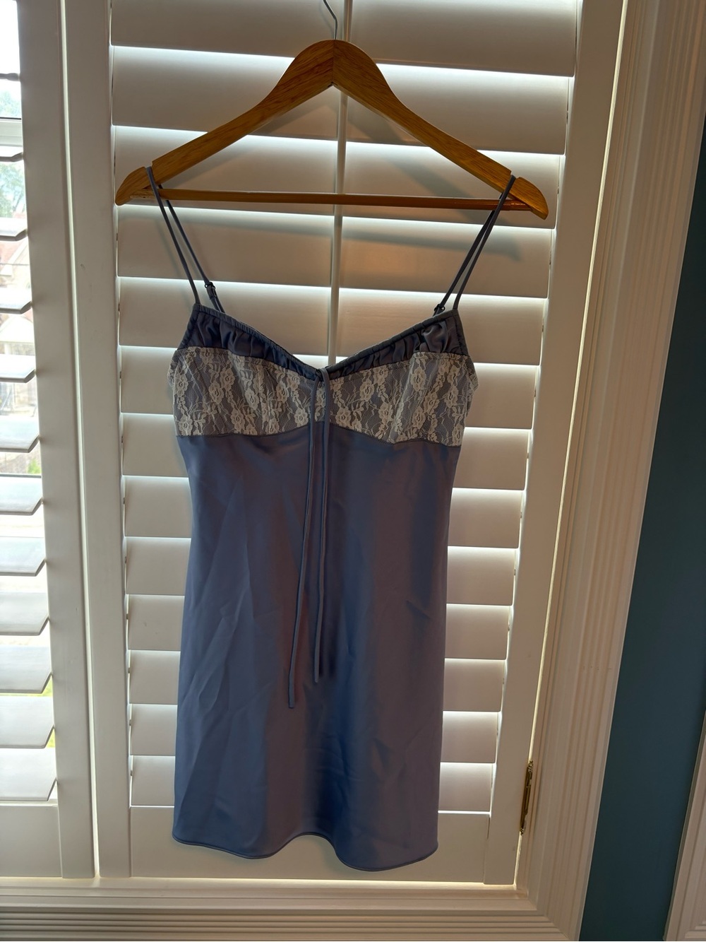 Urban Outfitters Lace-Trim Satin Chemise Slip in Dusty Blue
